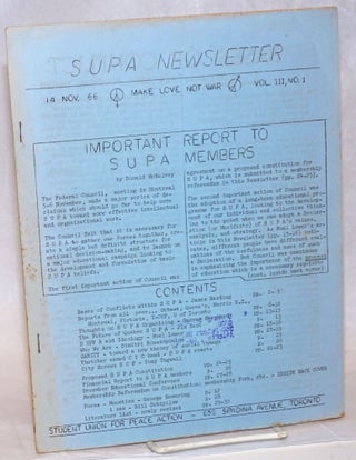 Cat.No: 238162 SUPA Newsletter. Vol. 3 no. 1 (Nov. 14, 1966). Student Union for Peace Action