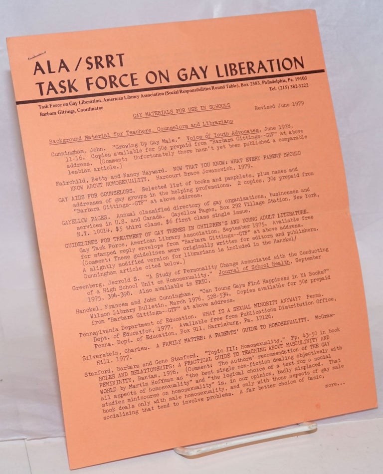 Cat.No: 238513 Gay Materials in Schools [handbill]. ALA/SRRT Task Force on Gay Liberation.