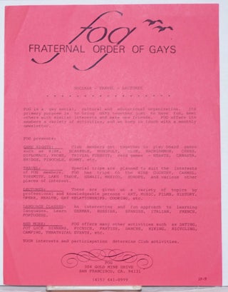 Cat.No: 238788 FOG: Fraternal Order of Gays [handbill] Socials - Travel - Lectures