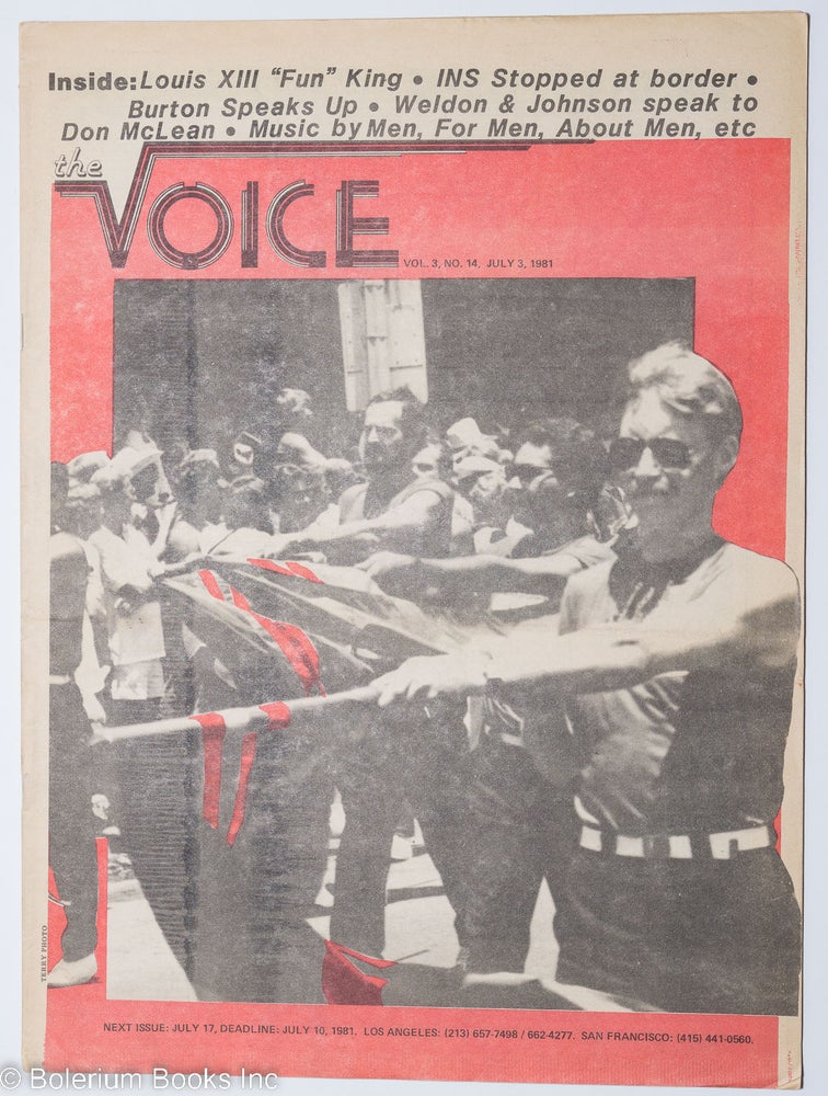 Cat.No: 239506 The Voice: more than a newspaper; vol. 3, #14, July 3, 1981; Gay Freedom Day cover photo. Paul D. Hardman, James Baily Milton Marks, Donald McLean, Quentin Kopp.