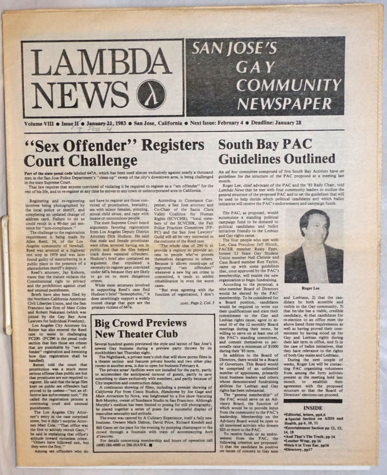 Cat.No: 239803 Lambda News: San Jose's gay Community Newspaper; vol. 8, #3, February 4 1983 [masthead mistakenly states issue 2, January 21 which was the previous issue). Dan Relic, Tom Rogers, Ted Sahl.