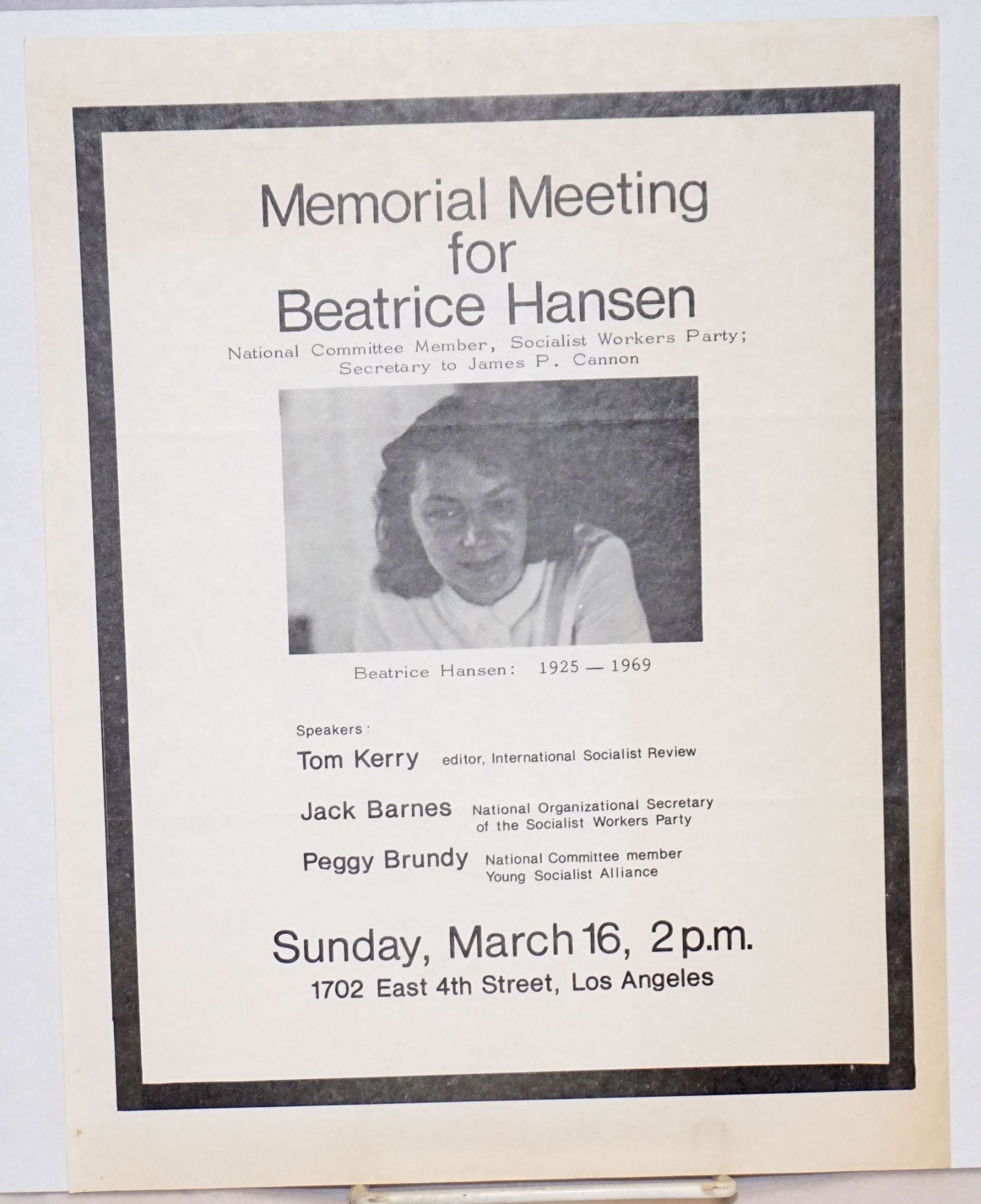 Memorial meeting for Beatrice Hansen National Committee member