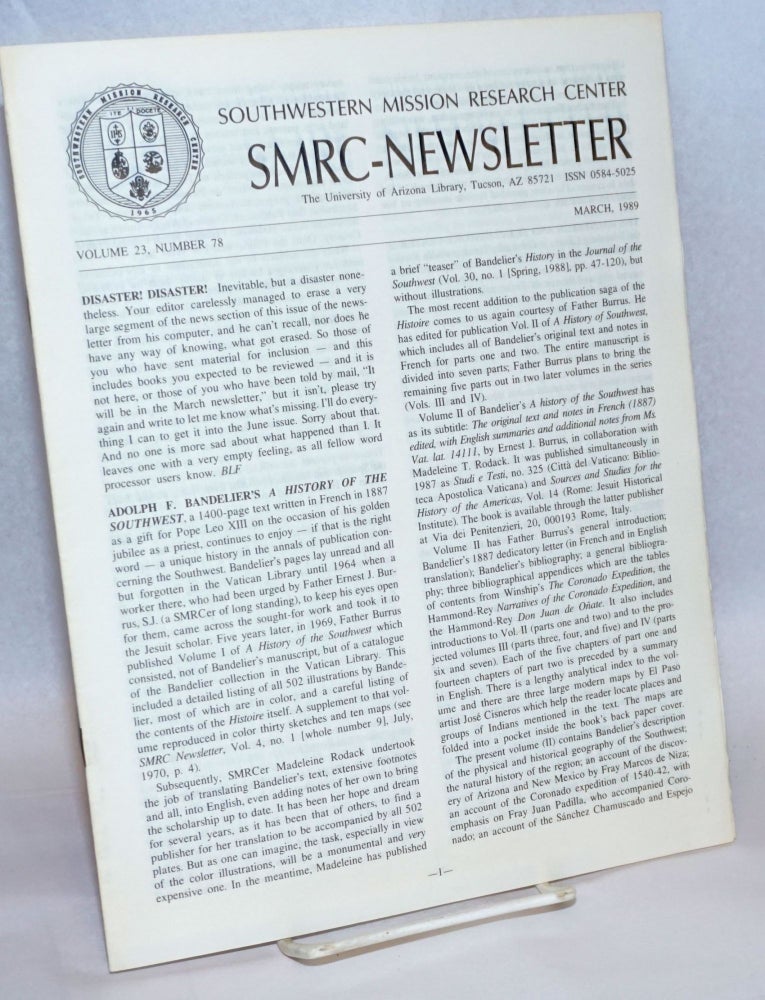 Cat.No: 240175 SMRC - Newsletter; Volume 23, Number 78; March 1989. Southwestern Mission Research Center.