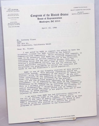 Cat.No: 240841 Two page letter from Congressman Sala Burton to Anthony Tiano of KQED....