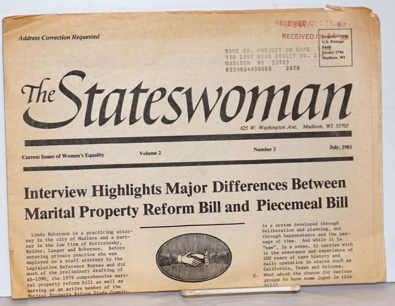 Cat.No: 241943 The Stateswoman: current issues of women's equality. Vol. 2, no. 3 July 1981. Marian Thompson.