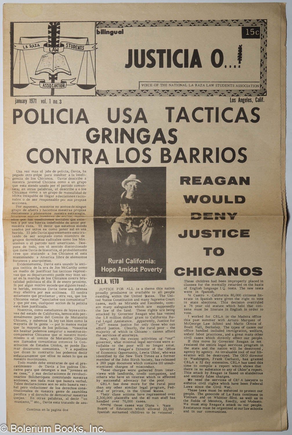 Justicia O...! voice of the National La raza Law Students Association vol.  1, #3, January 1971: Policia Usa Tactica Gringas Contra los Barrios |  Ricardo Cruz