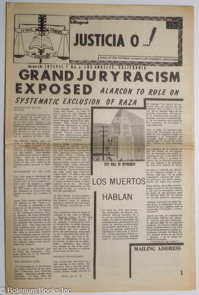 Cat.No: 242097 Justicia O...! voice of the National La raza Law Students Association vol. 1, #5, March 1971: Grand Jury Racism Exposed. Ricardo Cruz.
