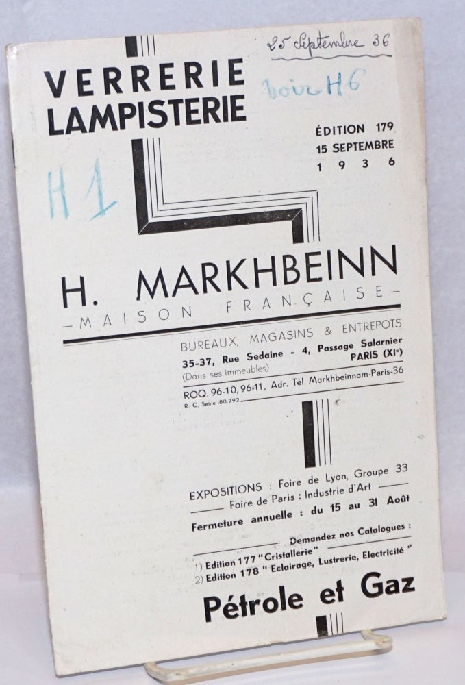 Cat.No: 242167 Verrerie Lampisterie H. Markhbeinn-Maison Francaise-; Edition 179, 15 Septembre 1936. H. Markhbeinn.