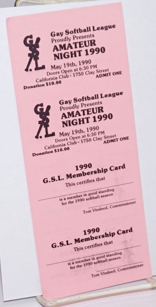 Cat.No: 242843 Gay Softball League proudly presents Amateur Night 1990 [membership card]
