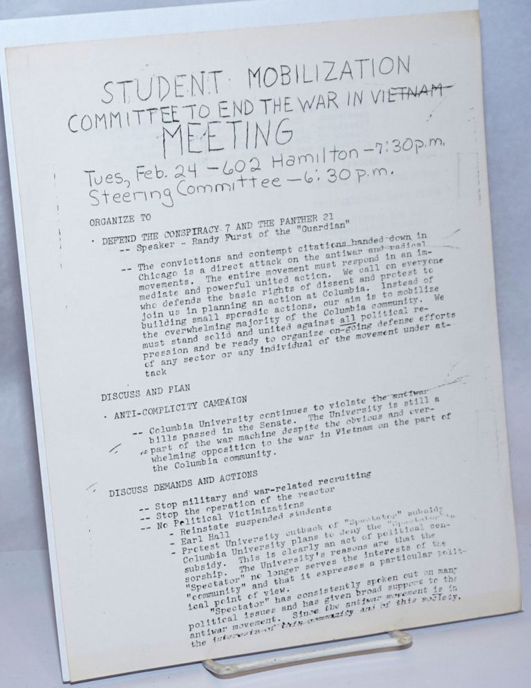 Cat.No: 243274 Meeting. Tues, Feb. 24... [handbill]. Student Mobilization Committee to End the War in Vietnam.