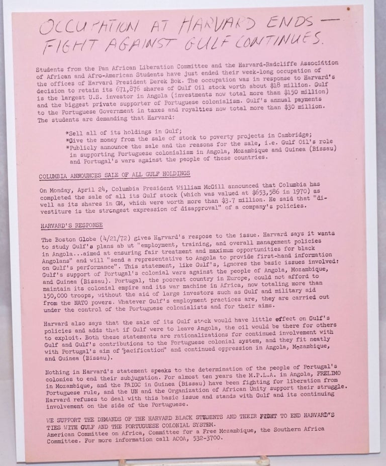 Cat.No: 243428 Occupation at Harvard ends - Fight against Gulf continues [handbill]