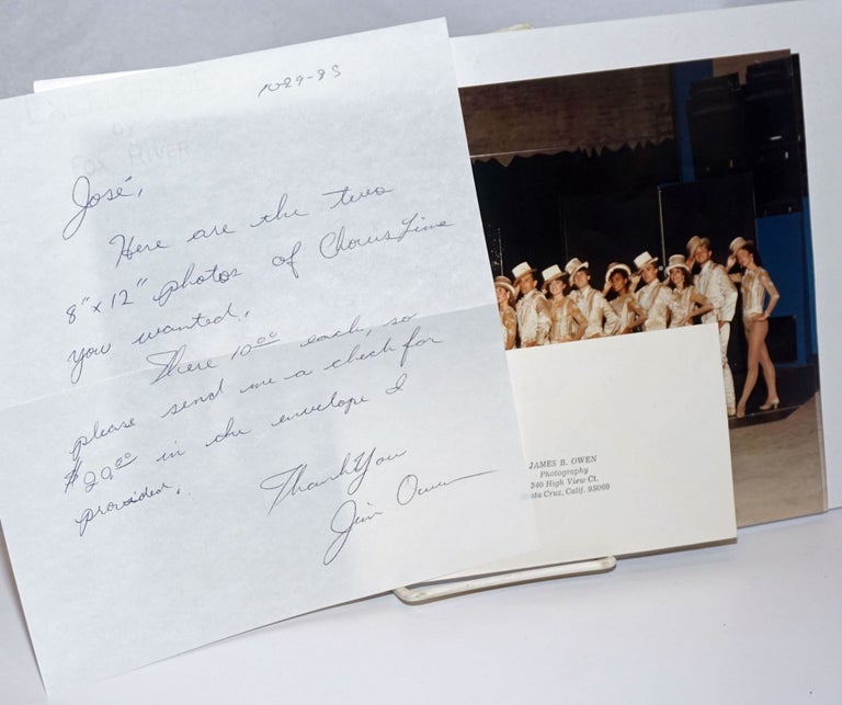 Cat.No: 243911 Two color photos of a Santa Cruz production of A Chorus Line with handwritten letter. James B. Owen.