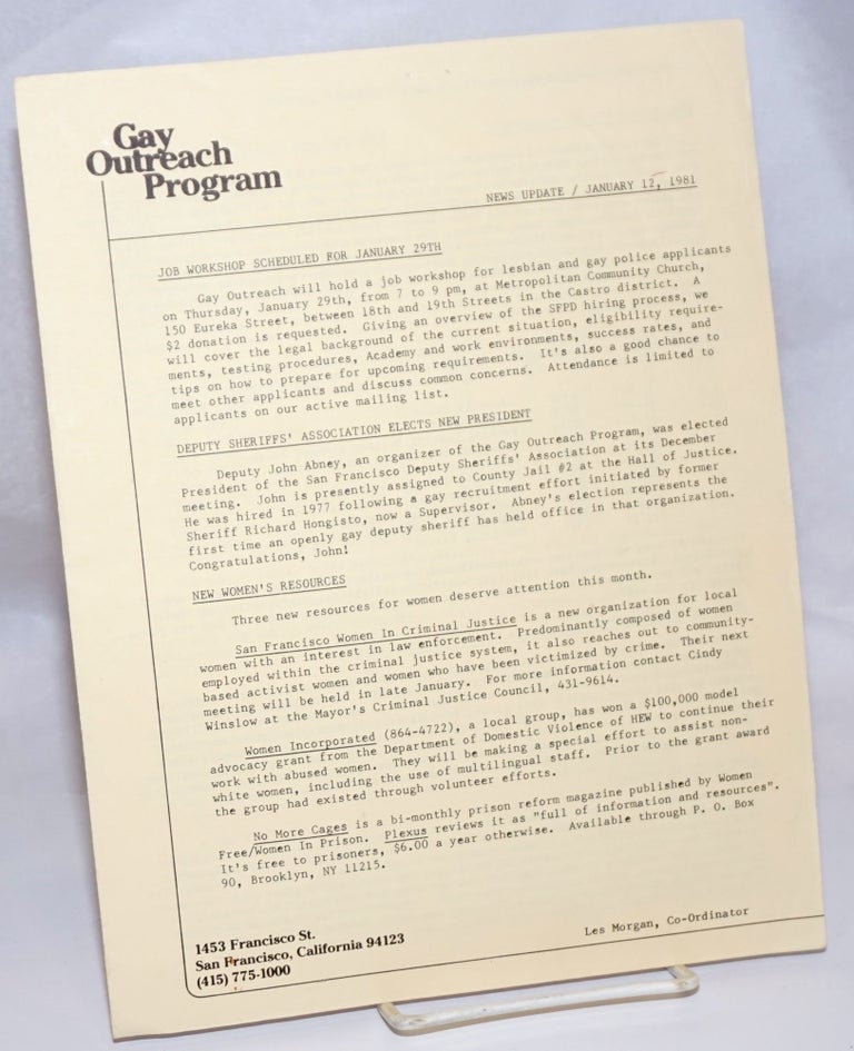 Cat.No: 243918 Gay Outreach Program Newsletter News Update january 12, 1981. les Morgan, co-ordinator.