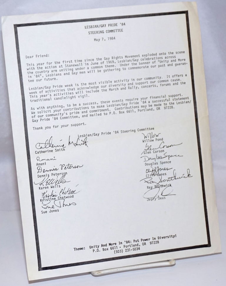 Cat.No: 243919 Lesbian/Gay Pride '84 Steering Committee May 7, 1984 [handbill/mailer