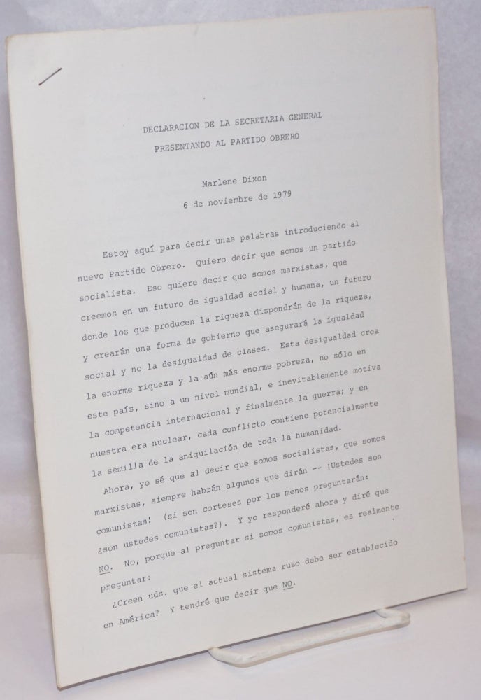 Cat.No: 246776 Declaration de la Secretaria General Presentando al Partido Obrero, 6 de noviembre de 1979. Marlene Dixon.