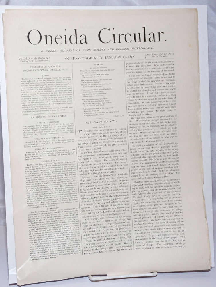 Cat.No: 247099 Oneida Circular: A Weekly Journal of Home Science and General Intelligence; New Series Vol. 9, No. 3, Whole No. 1389, January 15, 1872. A. Hinds, illiam.