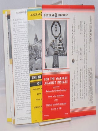 Statement of Orders Received, Sales and Earnings. Issued to the Stockholders of the General Electric Company - [Quarterly reports -with slight variations in titling- these double as newsletters with messages about new inventions, radio sponsorships, &c. In hand are 1/31/1930, 10/24/31, 1/25/32, 4/25/32, 7/25/32, 1/25/33, 7/25/33, 10/25/33, 1/25/34, 4/25/34, 7/25/34, [no 1935], 4/25/36, 12/21/36, 4/26/37, 12/20.37, 7/25/38, 10/25/38, 12/22/38, 4/25/39, 10/25/39, 12/20/39, 7/25/1940 - 22 unduplicated items from the series, a broken run]