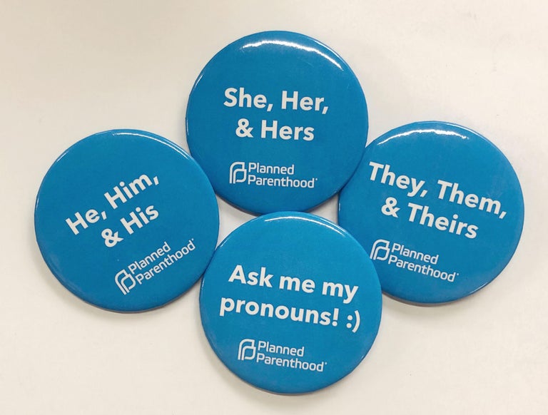 Cat.No: 249058 [Four Planned Parenthood pinback buttons related to pronouns]