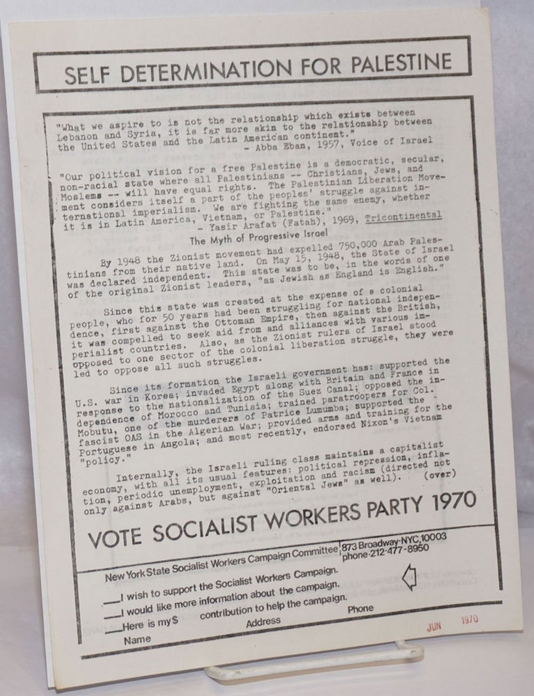 Cat.No: 249283 Self determination for Palestine / vote Socialist Workers Party 1970 [handbill]