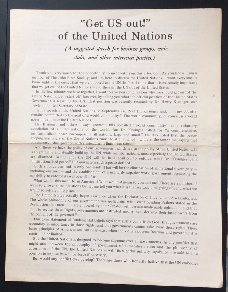 Cat.No: 250259 "Get US out!" of the United Nations. (A suggested speech
