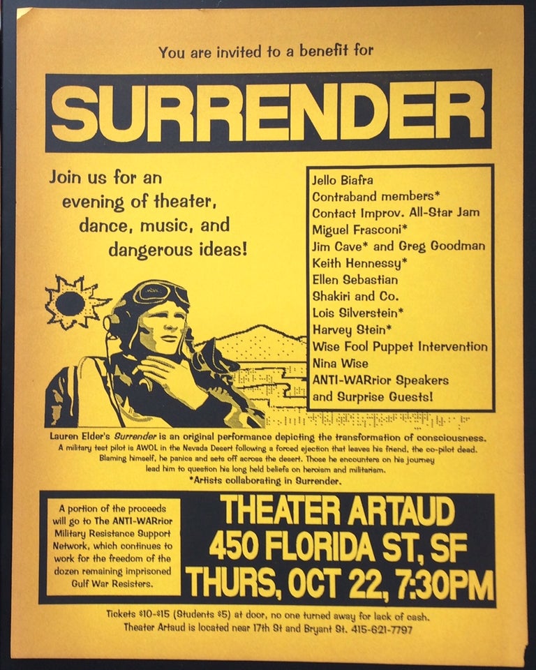 Cat.No: 250265 You are invited to a benefit for Surrender. Join us for an evening of theater, dance, music, and dangerous ideas! [handbill]