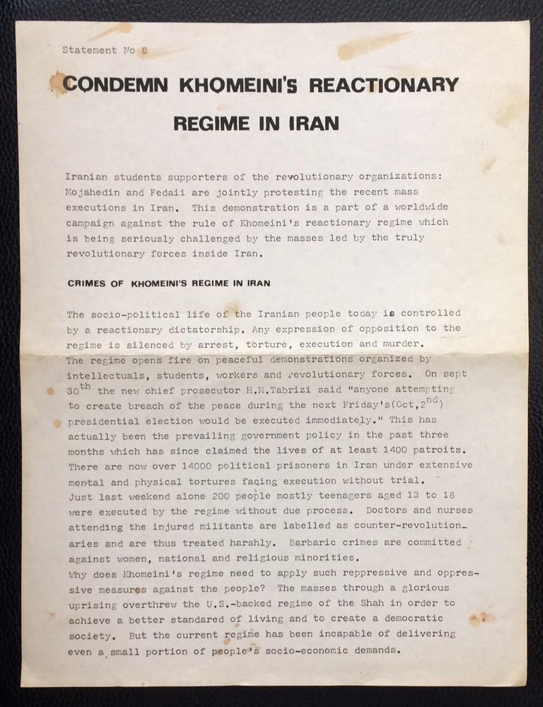 Cat.No: 250295 Condemn Khomeini's Reactionary Regime in Iran [handbill]