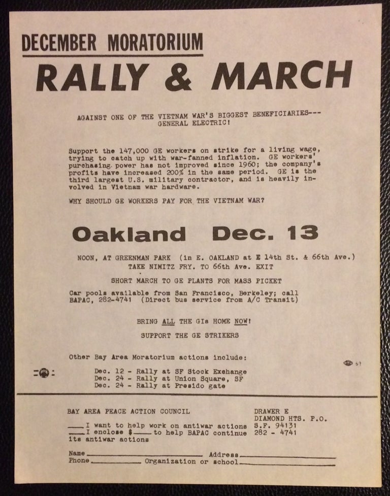 Cat.No: 250353 December moratorium: Rally & March against one of the Vietnam War's biggest beneficiaries - General Electric [handbill]