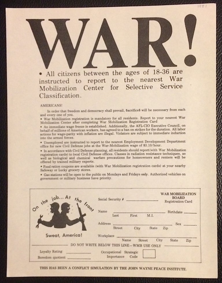 Cat.No: 250679 War! [handbill parodying an announcement of the resumption of the draft]