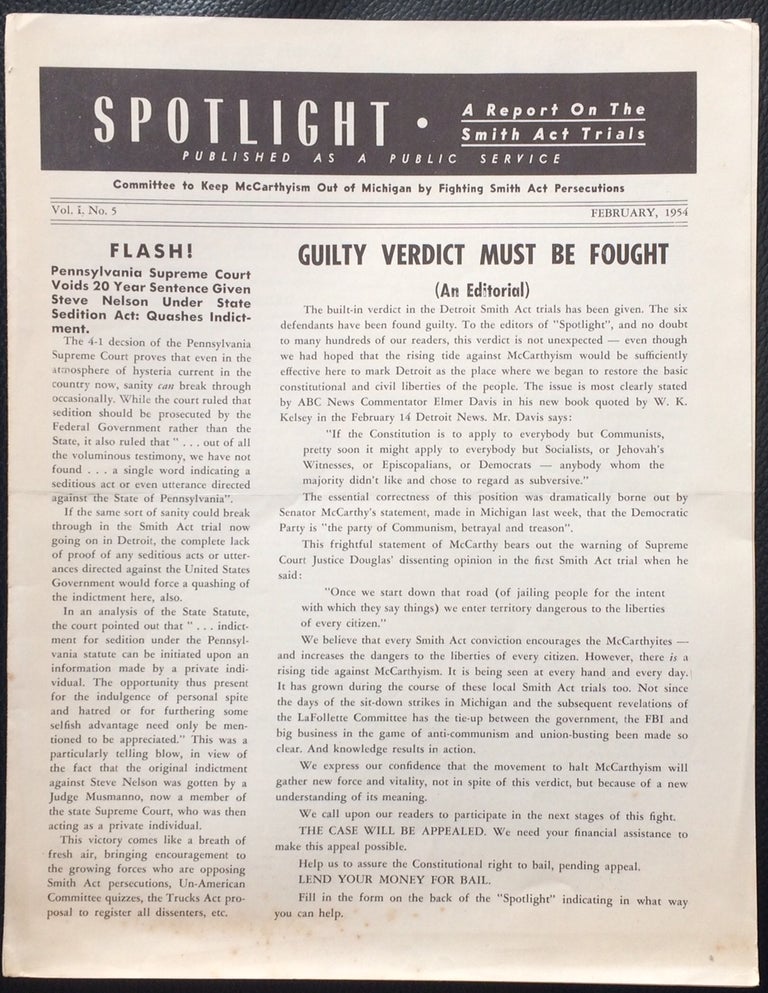 Cat.No: 250977 Spotlight: A report on the Smith Act Trials. Vol. 1 no. 5 (February 1954)