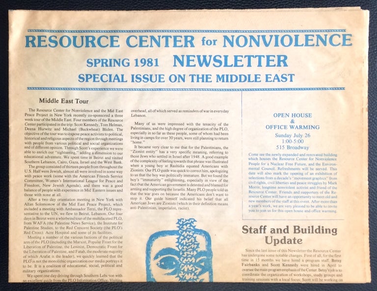 Cat.No: 251035 Resource Center for Nonviolence. Spring 1981 newsletter: Special issue on the Middle East