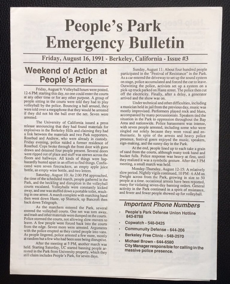 Cat.No: 251039 People's Park Emergency Bulletin. No. 3 (August 16, 1991)