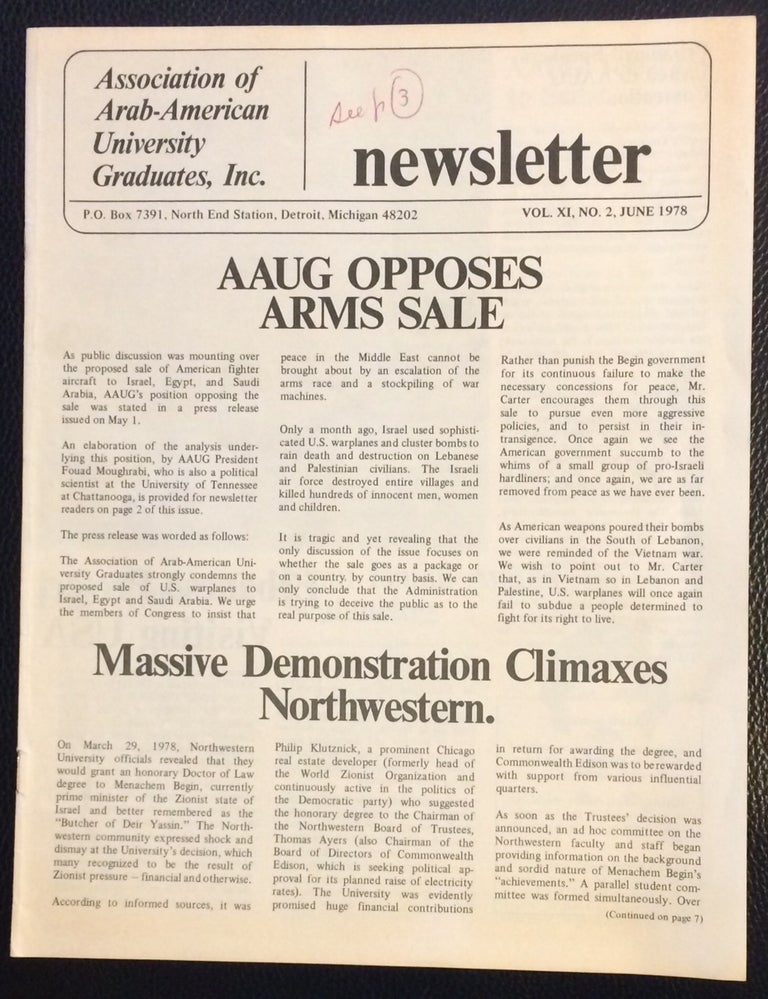 Cat.No: 251129 Association of Arab-American University Graduates Newsletter. Vol. 11 no. 2 (June 1978)