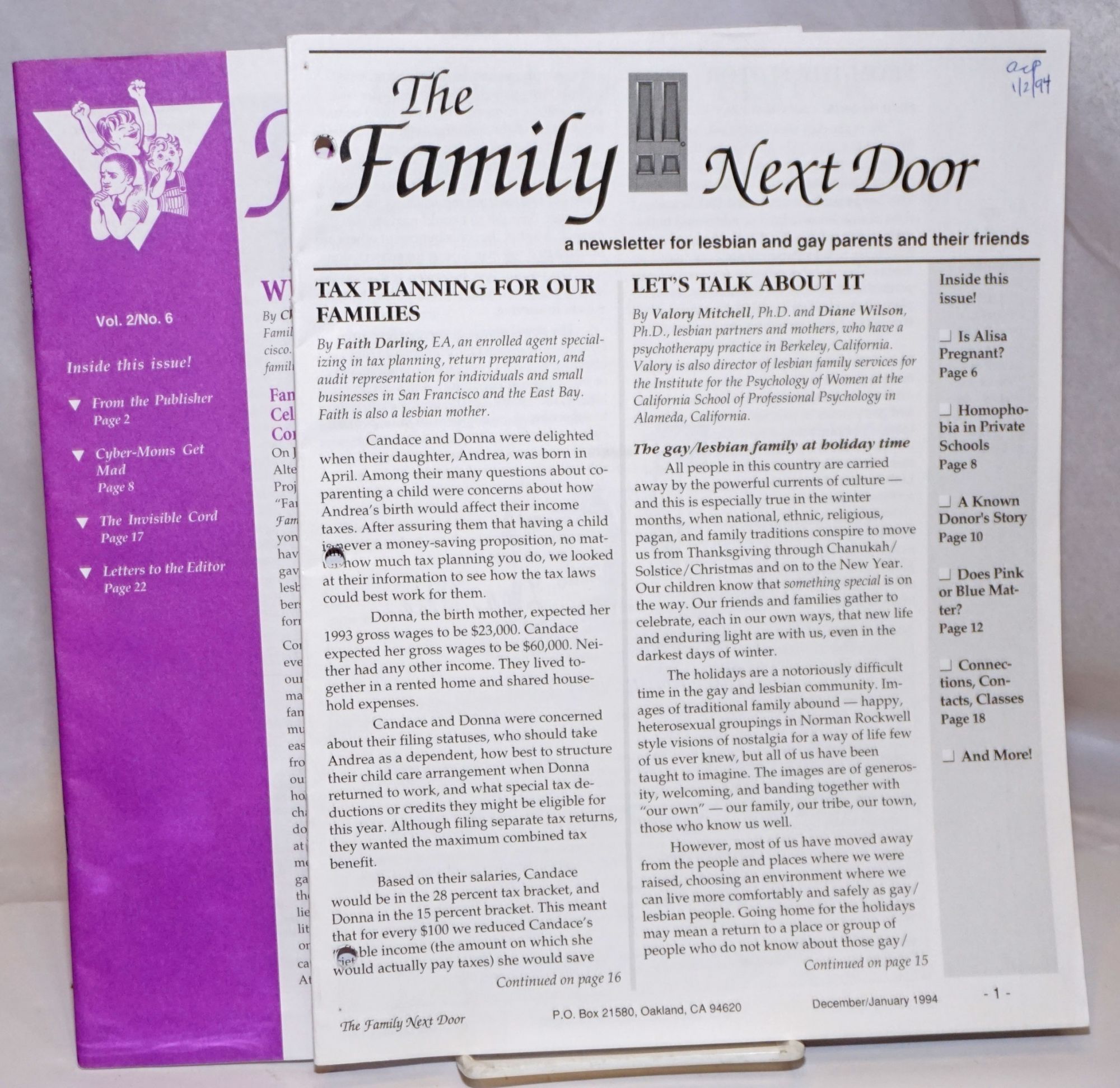 The Family Next Door: a newsletter for lesbian and gay parents and their  friends vol. 1, #3, December/January, 1993/94 & vol. 2, #6, 1995 two issues  ...