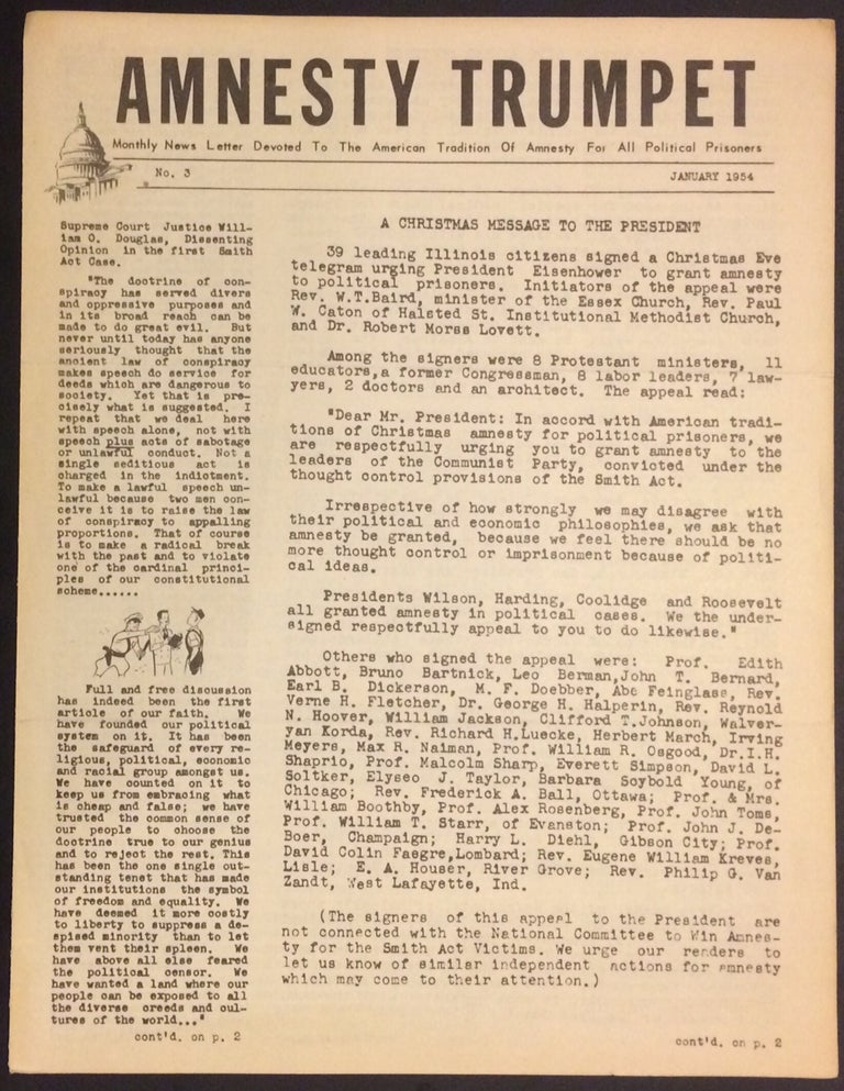 Cat.No: 251396 Amnesty trumpet: Monthly news letter devoted to the American tradition of amnesty for all political prisoners. No. 3 (January 1954). Edward Barsky, chairman, W E. B. Du Bois.
