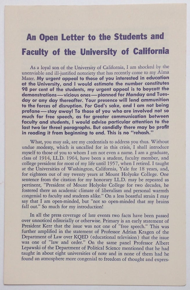 Cat.No: 252161 An open letter to the students and faculty of the University of California. Roswell G. Ham, Jr.