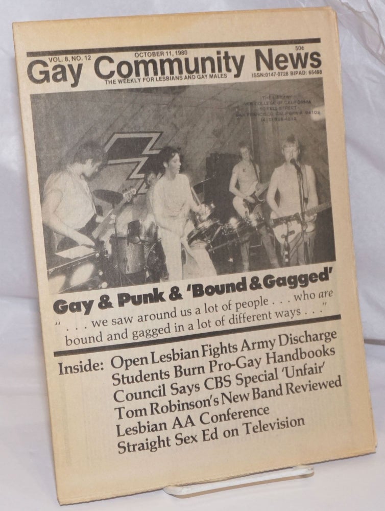Cat.No: 252857 GCN: Gay Community News; the weekly for lesbians and gay males; vol. 8, #12, October 11, 1980; Gay & Punk & Bound & Gagged. Amy Hoffman, Denise Sudell, Warren Blumenfeld, Michael Bronski Tommi Avocolli, Jil Clark, Mitzel, Eric Rofes.