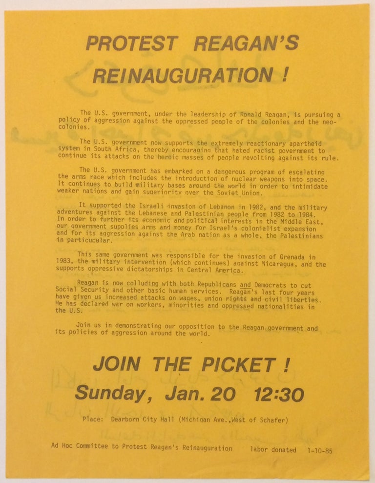 Cat.No: 252956 Protest Reagan's reinauguration! [handbill in English and Arabic]