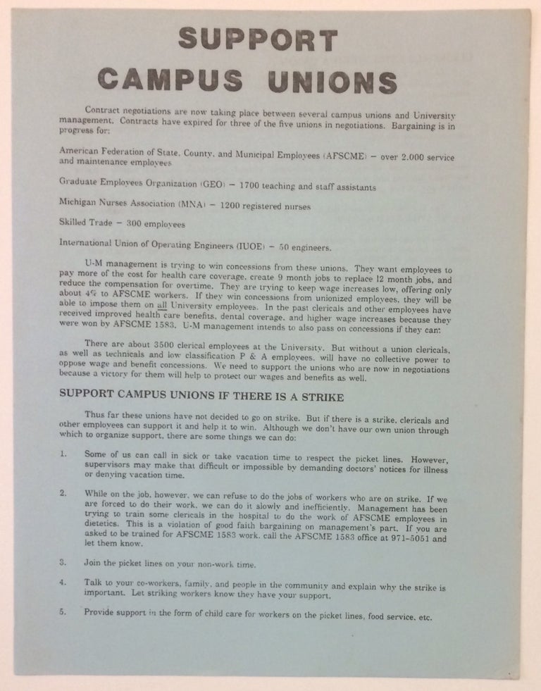 Cat.No: 252961 Support campus unions [handbill]
