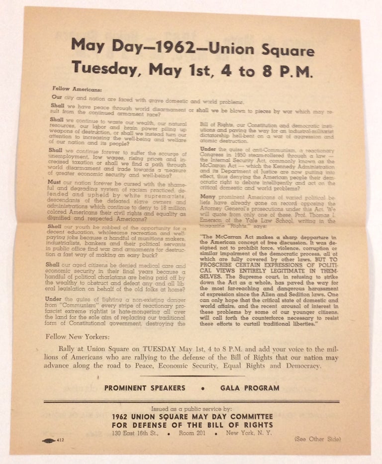 Cat.No: 253780 May Day - 1962 - Union Square / Primero de Mayo - 1962 - Union Square [handbill]