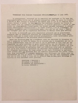 Cat.No: 253811 Communiqué dela Jeunesse Communiste Révolutionnaire, le 13 juin 1968...