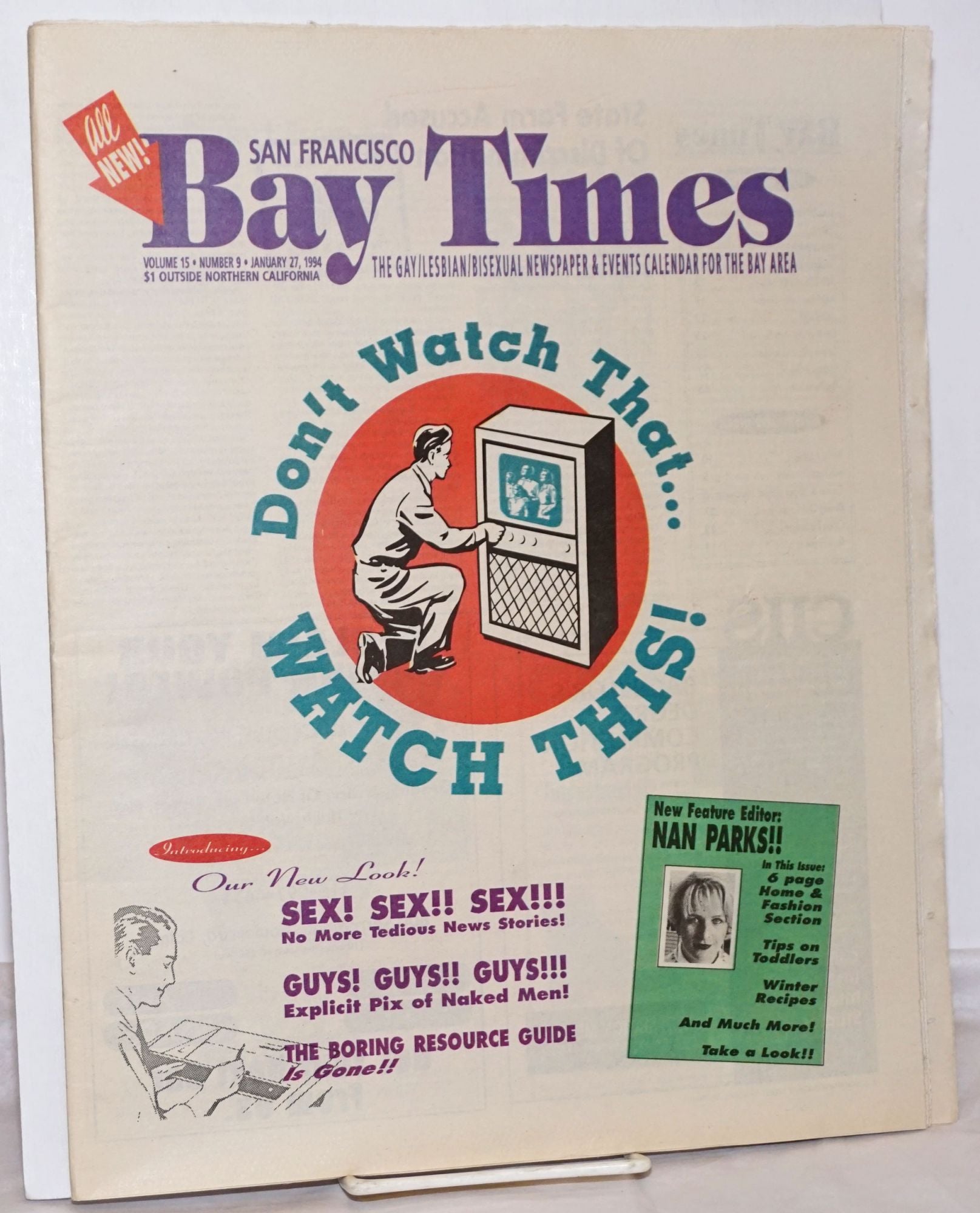 San Francisco Bay Times: the gay/lesbian/bisexual newspaper & calendar of  events for the Bay Area; aka Coming Up! vol. 15, #9, January 27, 1994;  Watch This! | Kim Corsaro, Tommi Avicolli Mecca