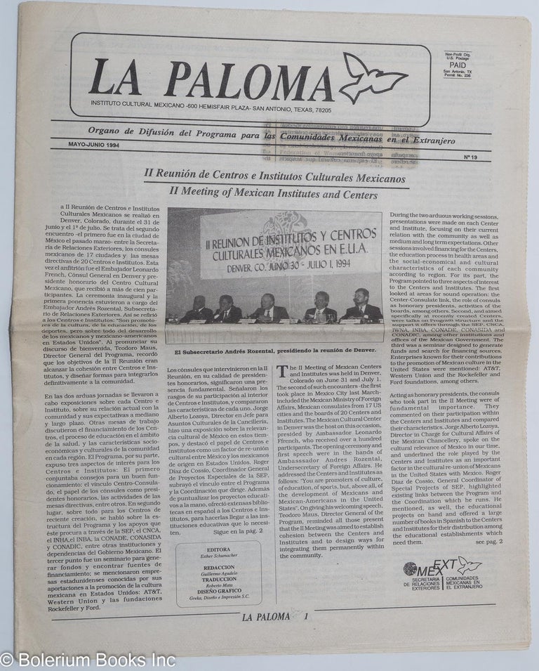 Cat.No: 254767 La Paloma: organo de difusión del programa para las comunidades Mexicanas en el extranjero; no. 19, May-Junio 1994