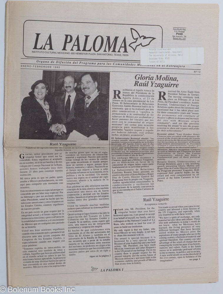 Cat.No: 254768 La Paloma: organo de difusión del programa para las comunidades Mexicanas en el extranjero; no. 12, Enero-Febrerode [sic] 1993