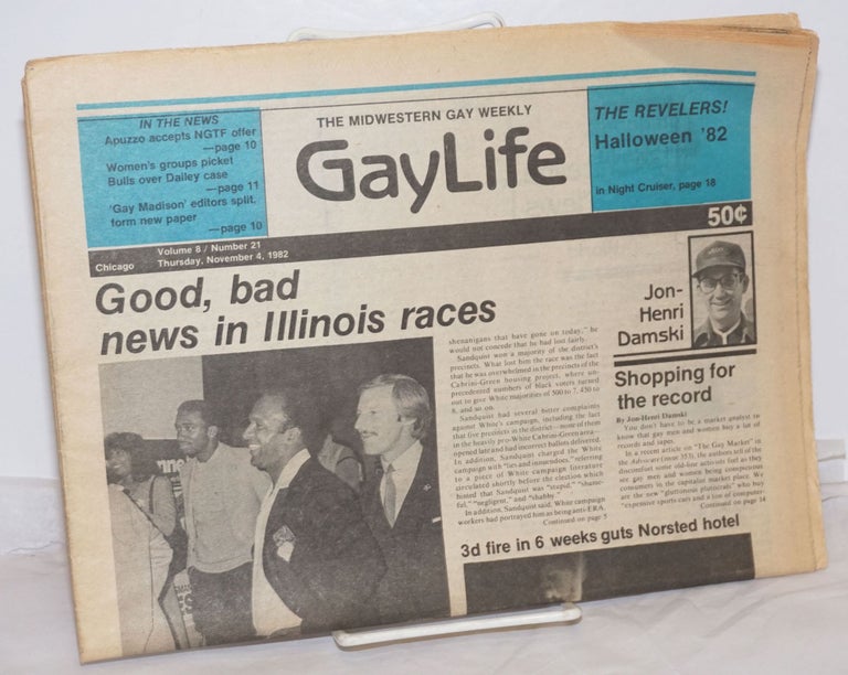 Cat.No: 254983 Chicago GayLife: the international gay newsleader; vol. 8, #21, Thursday, November 4, 1982. Albert M. Williams, Bob Damron Dom Orejudos Chris Heim, aka Etienne.