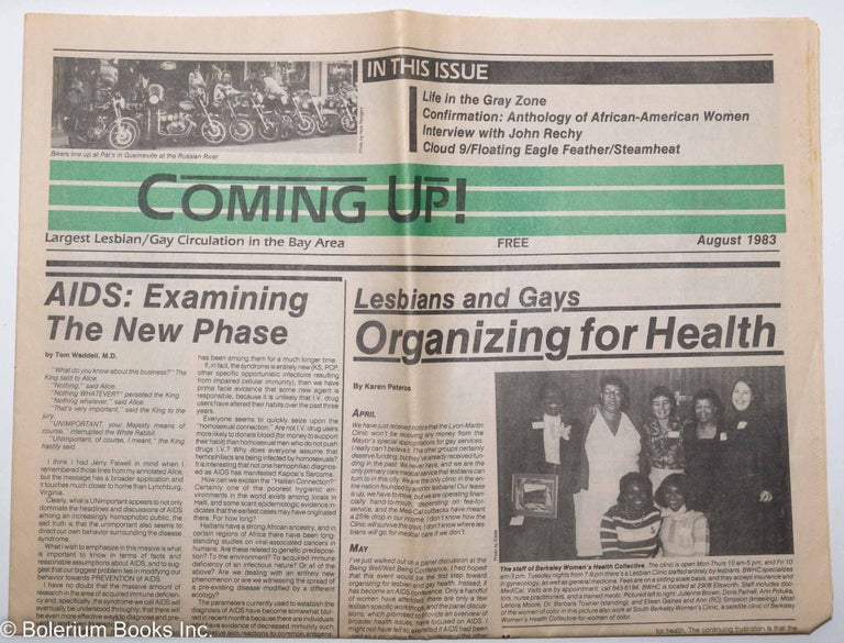 Cat.No: 255066 Coming Up! August 1983; AIDS: examining the new phase. Kim Corsaro, John Rechy Daniel Curzon, John Kyper, Karen Peteros, Tom Waddell, Michael Helquist.