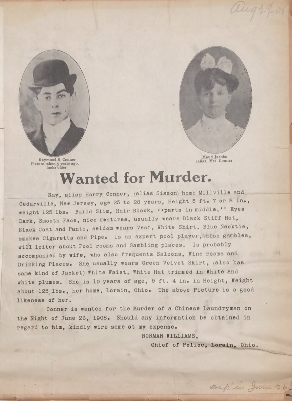 Wanted poster for a gambler who killed a Chinese laundryman in Lorain, Ohio; together with eight other wanted posters image pic