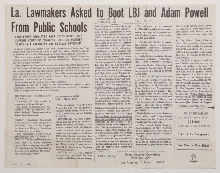 Cat.No: 255195 La. lawmakers asked to boot LBJ and Adam Powell from pulic schools [Leaflet reprinting an article from the Councilor]