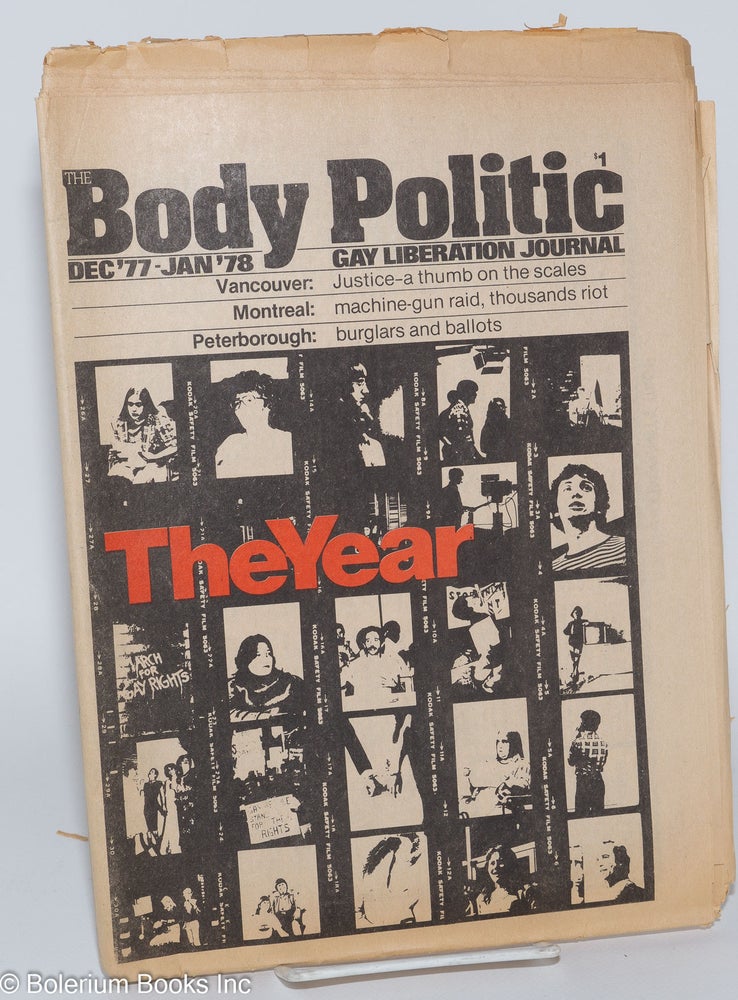 Cat.No: 255277 The Body Politic: gay liberation journal; #39, Dec. 1977/Jan. 1978; The Year in review. The Collective, Michael Merrill Ian Young, Michael Riordon, Jonathan Katz, Allen Young, Gerald Hannon.