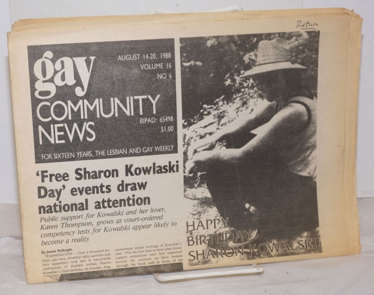 Cat.No: 255674 GCN: Gay Community News; the weekly for lesbians and gay males; vol. 16, #6, August 14-20, 1988; Act Up Zaps Fisons Co. Stephanie Poggi, Loie Hayes, Miranda Kolbe Michael Bronski, Elizabeth Pincus, Betsy Brown, Chris Bull.