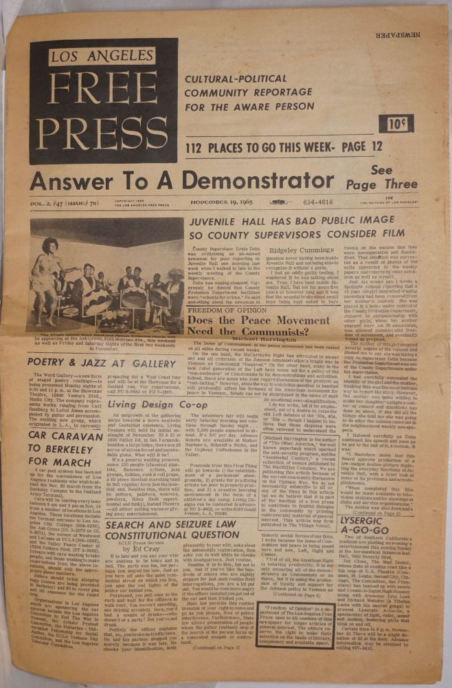 Cat.No: 256749 Los Angeles Free Press: vol. 2, #47 (#70) November 19, 1965: Answer to a Demonstrator. Art Kunkin, publisher and, Ed Cray Michael Harrington, Hugh Romney aka Wavy Gravy.